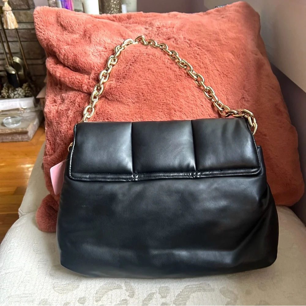 Black Quilted Shoulder Bag with Gold Chain Strap